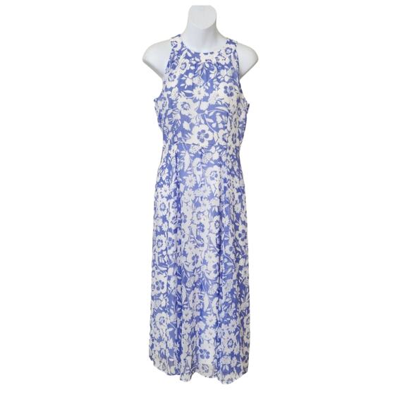 TOMMY HILFIGER Blue White Floral Print Halter Neck Sleeveless Fit & Flare Dress - Picture 1 of 9